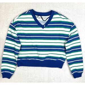 We The Free Striped V-Neck Sweatshirt Blue Green Cropped Women's X Small
